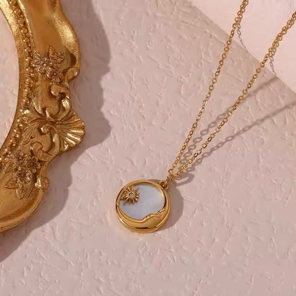 “Mother of Pearl Moon & Star” White Iridescent Shell Crescent Starburst Necklace - Picture 13 of 16